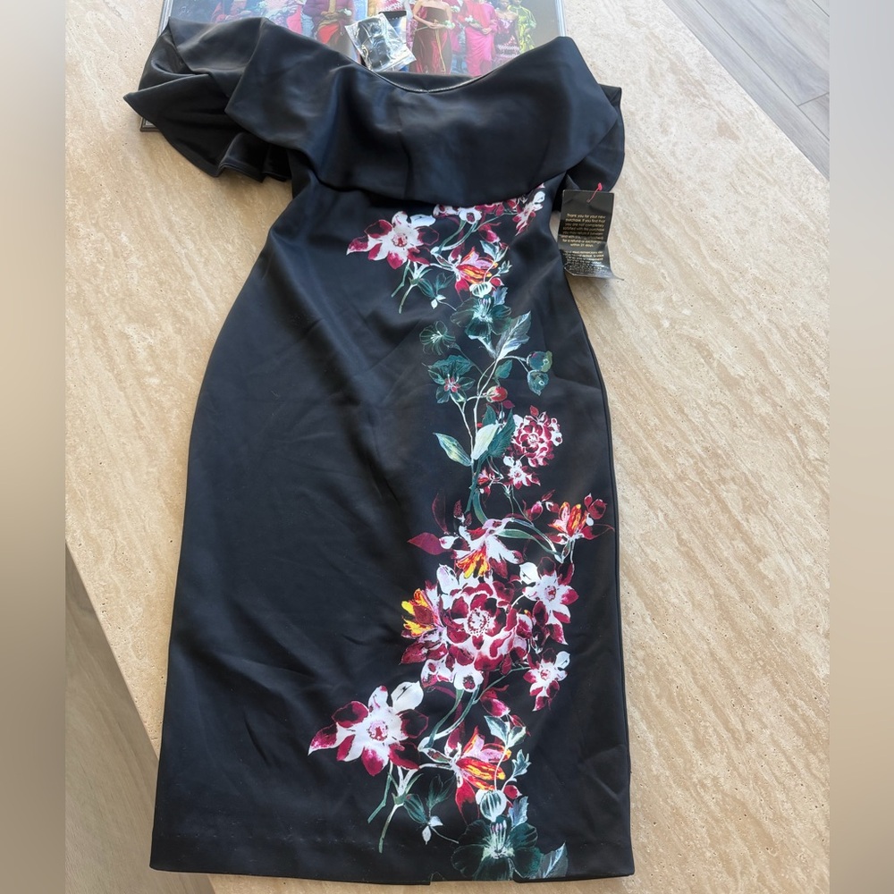 bebe Black Floral One Shoulder Dress